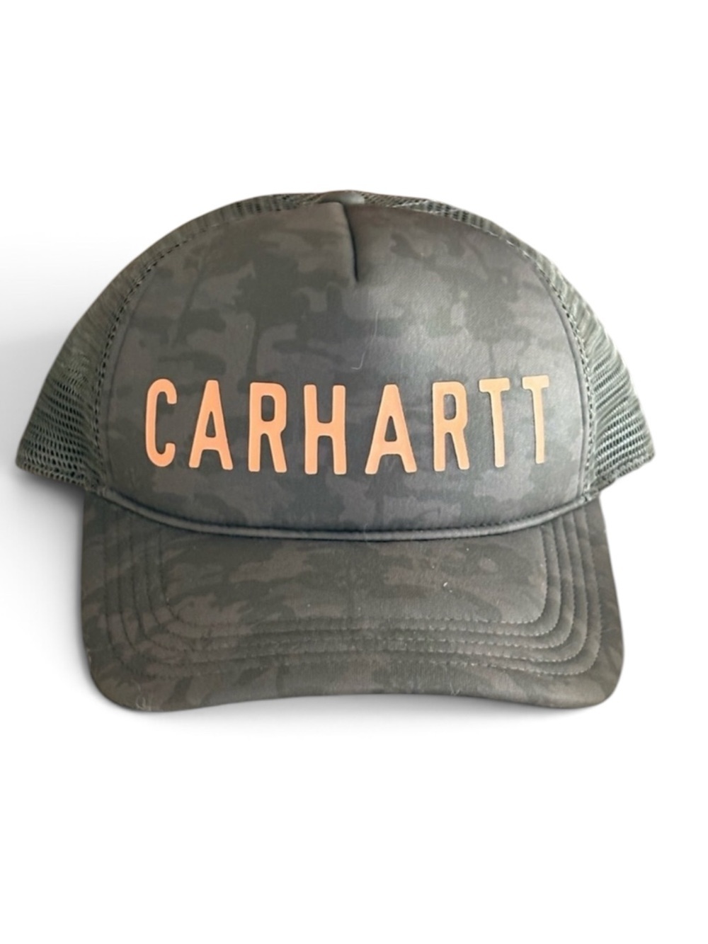 Carhartt Olive Camo Mesh Hat with Peach Logo